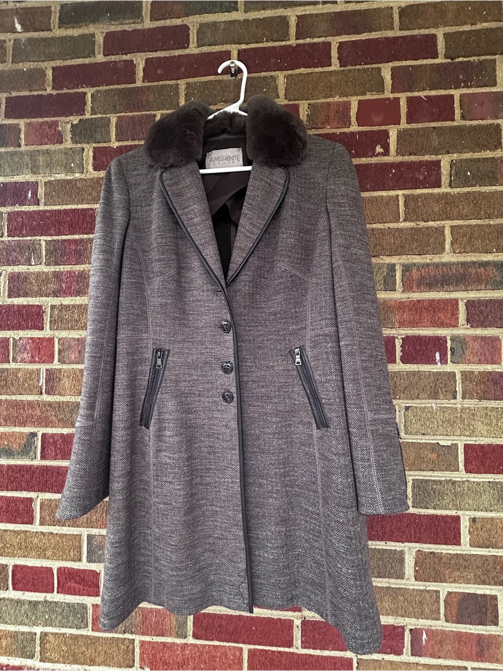 Women's Gray Virgin Wool Pea Coat with Rex Rabbit Fur detachable Collar